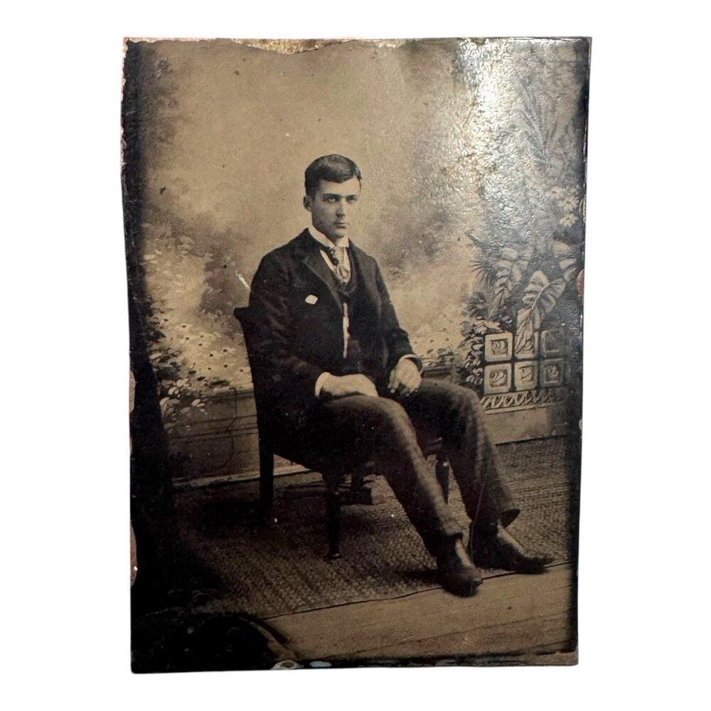 Antique 19th Century Tintype Photograph Young Boy Gentleman Man Suit Tie Vintage